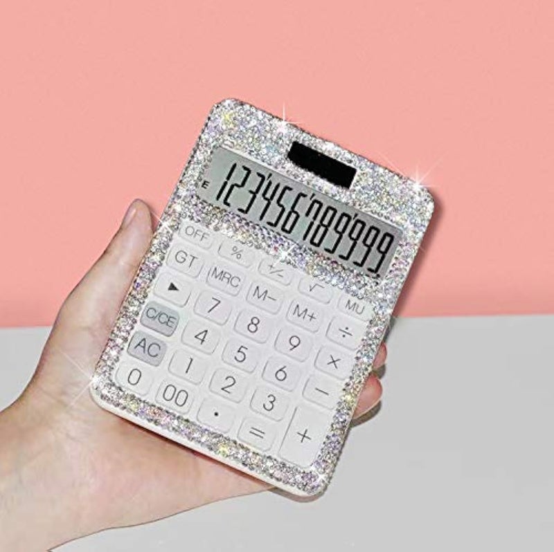 TISHAA Stylish Bling Rhinestone Crystal Dazzling 12 Digit Solar and Battery Dual Power Large LCD Display Standard Desktop Calculator for Office,Home, School (White) - Image 1